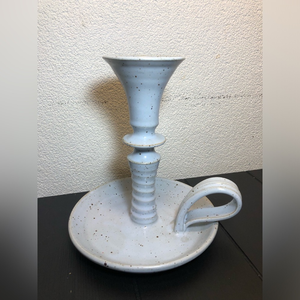 Speckled white ceramic candelabra signed by Bill Tyner